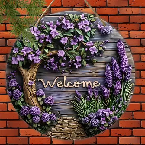 Classic Wooden Welcome Sign with Lavender Wreath - 7.87-inch Multi-Purpose Wall Hanging for Home