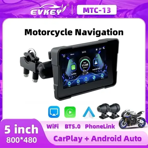 EKIY 5" Motorcycle GPS DVR Display with Wireless CarPlay & Android Auto | Dual Bluetooth, Waterproof, Touchscreen Navigation Monitor