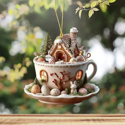 Easter Coffee Mug Decorations – Cute Cartoon Bunny & Egg House 2D Acrylic Ornaments for Spring Parties