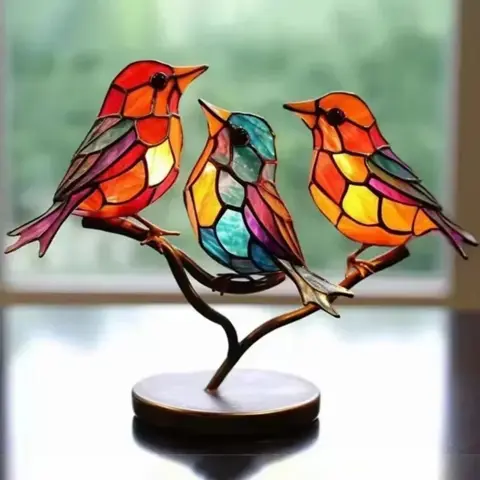 Elegant Stained Acrylic Bird Branch Sculpture - Double-Sided Multicolor Desktop Decoration