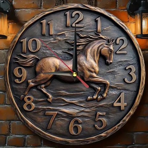 Elegant Wooden Wall Clock with Galloping Horse Design – Rustic Home Decor, Silent Quartz Movement