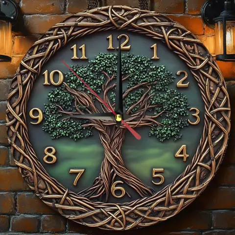 Elegant Wooden Wall Clock with Green Tree Pattern – Perfect Home Decor
