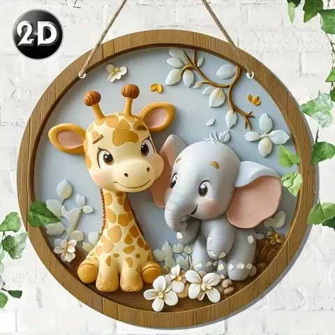 Elephant and Deer Pattern 2D Graphic Wooden Sign - 7.87" Round Multifunctional Wall & Door Decoration for Home, Office, and Celebration