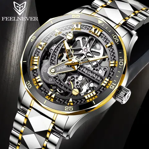 FeelNever Men's Skeleton Automatic Watch – 316L Stainless Steel Flywheel Sport Mechanical Timepiece