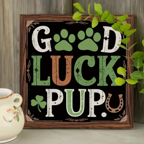 Good Luck Puppy Wood Frame Sign - 8x8 Inch St. Patrick's Day Vintage Inspirational Wall Art, Perfect Gift for Loved Ones