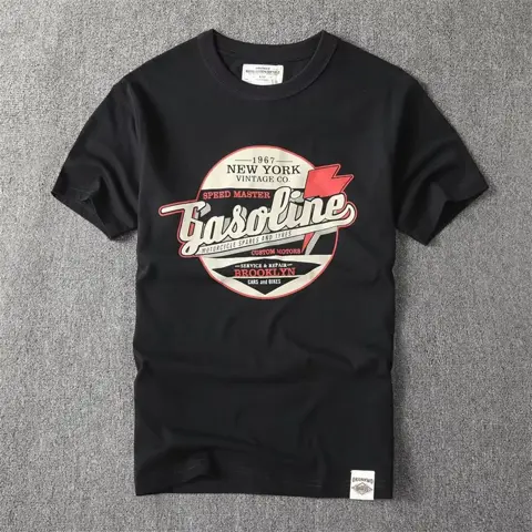 Heavyweight American Vintage Letter Print T-Shirt for Men – Khaki Cotton Crewneck Short Sleeve