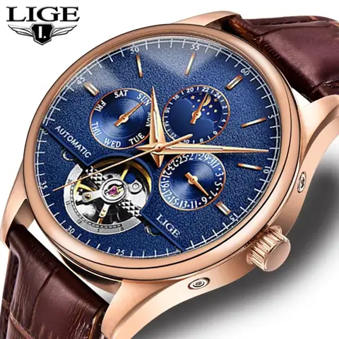 LIGE 6826 Plus Tourbillon Automatic Retro Watch – Classic Leather Waterproof Men's Mechanical