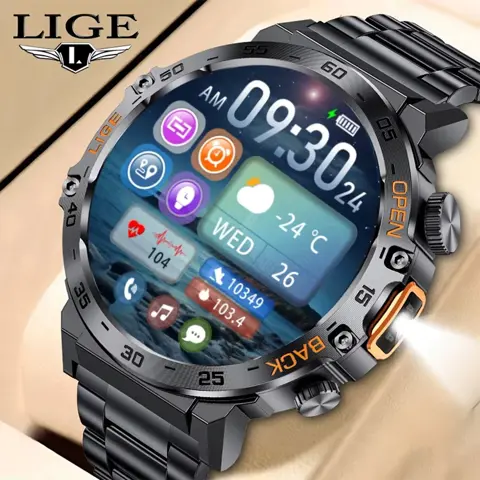 LIGE BW0616 Flashlight Military Smartwatch – SOS, Bluetooth Call, Waterproof Fitness Tracker