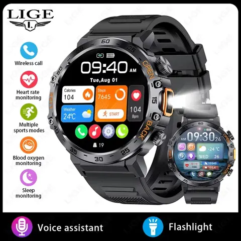 LIGE  BW0616 Flashlight Military Smartwatch – SOS, Bluetooth Call, Waterproof Fitness Tracker