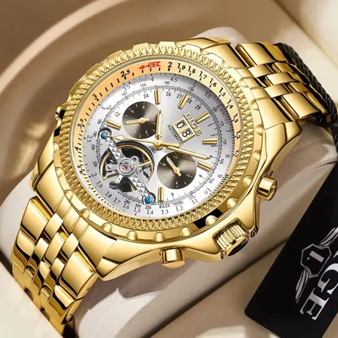 LIGE Men's Automatic Tourbillon Watch | Gold Luxury Mechanical Waterproof Watch with Luminous Hands