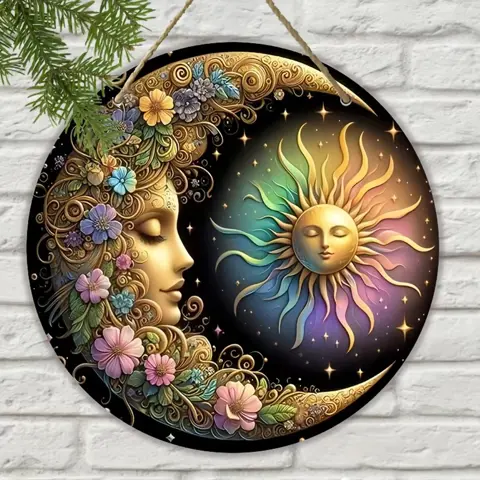 Mandala Art Sun & Moon Wooden Wall Plate - 8x8 Inches, Floral Design
