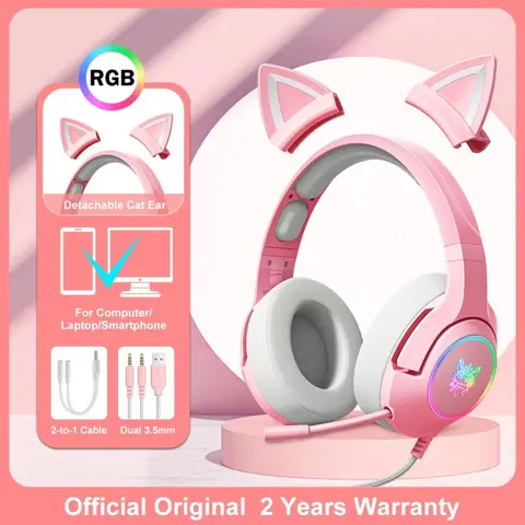 ONIKUMA K9 Wired Gaming Headset with Removable Cat Ears & HD Mic – Surround Sound Earphones for PC Gamers