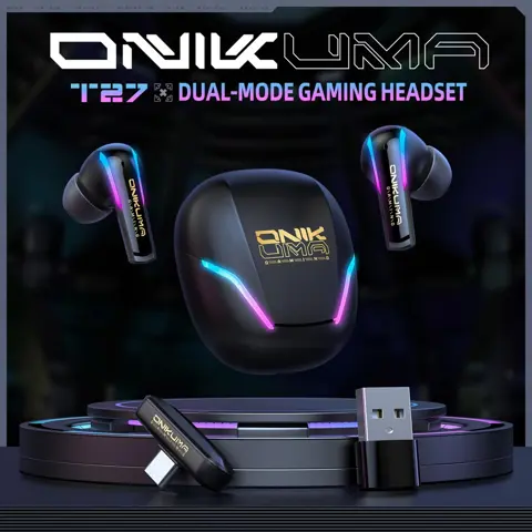 ONIKUMA T27 Dual Mode Wireless Gaming Earbuds with 2.4GHz & Bluetooth, RGB Lighting, Touch Control, Low Latency Headset with Charging Case