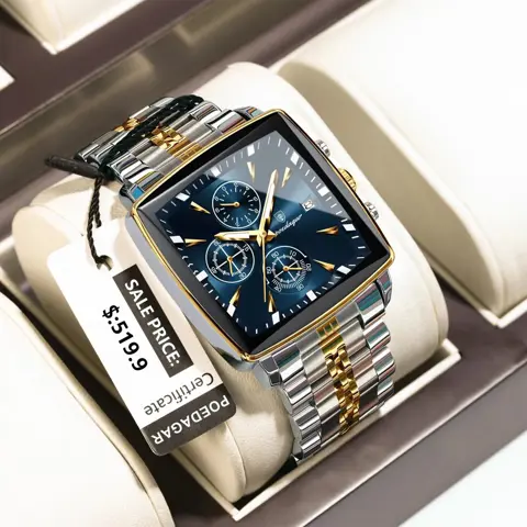 POEDAGAR Luxury Square Chronograph Watch for Men – Waterproof, Luminous Quartz Wristwatch with Date Display