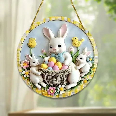 Rabbit Home Pendant Spring Theme White Rabbit Tulip Flower Round Frame Decoration - Cute Creative Home Décor with Pink Background