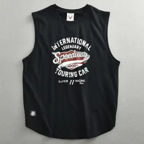 Retro USA Letter Print Men’s Sleeveless Cotton T-Shirt – Washed Vintage Gym Vest 30F