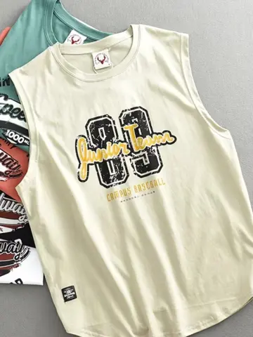 Retro USA Letter Print Men’s Sleeveless Cotton T-Shirt – Washed Vintage Gym Vest