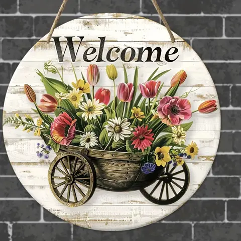 Round Artificial Wood Welcome Sign with Pattern Design – Hanging Decorative Sign for Home, Room, Festival, and Coffee Shop