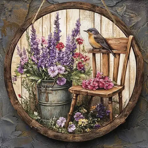 Rustic Round Wooden Sign with 2D Printed Bird & Flower Mural – 7.87inch, No Power Required, Ideal for Home, Office & Party Decor