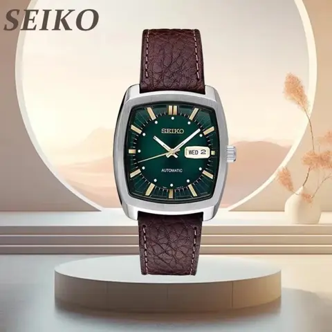 Seiko Men's Automatic Mechanical Retro Green Dial Watch SNKP27 – Wine Barrel Case with Leather Strap