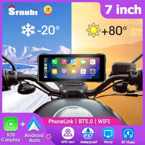 Srnubi 7" Motorcycle GPS Navigation | Wireless CarPlay & Android Auto | IP67 Waterproof Touchscreen Display