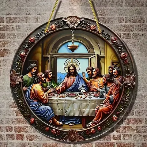 Vintage Style "Last Supper" Jesus Wooden Wall Art – 7.87"/20cm Round – Perfect for Living Room & Kitchen Decor