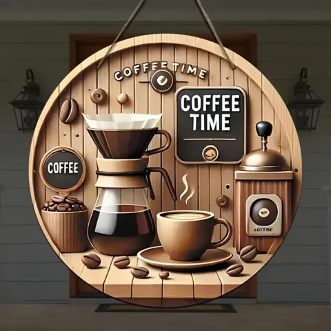 Vintage Wooden Coffee Time Sign - 2D Coffee Machine & Pour Coffee Wall Art for Cafe & Kitchen Decor