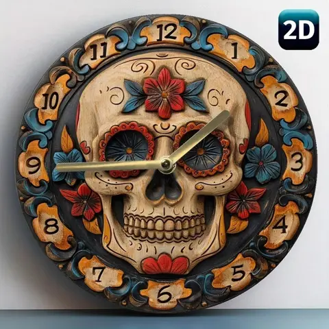 Vintage Wooden Wall Clock with Artistic Flower Skull Design – Battery Operated Home Decor