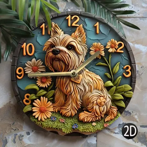 Whimsical Wooden Wall Clock – Cute Dog & Floral Design, Battery Operated