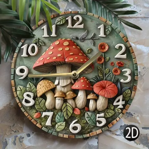 Wooden Mushroom-Themed Wall Clock – Stylish Home Decor, Battery Operated