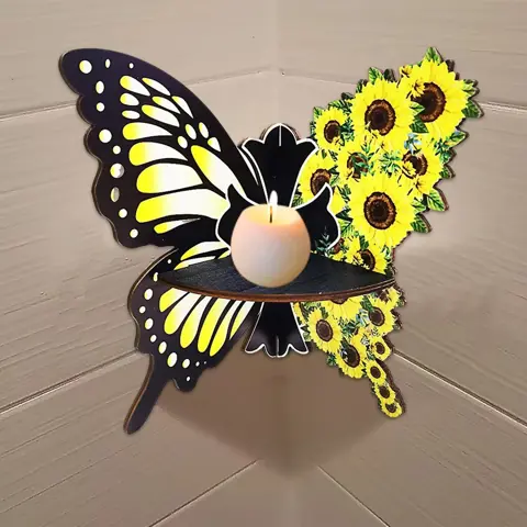 Wooden Sunflower Butterfly Decorative Wall Shelf – Creative Corner Storage