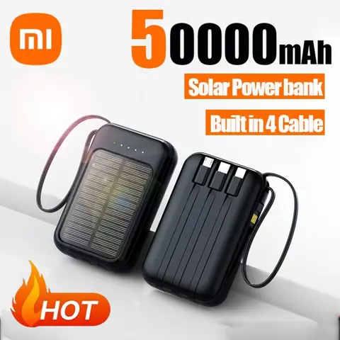 Xiaomi 50000mAh Solar Power Bank – 4 USB Cables, Slim & Portable External Battery Charger for All Phones