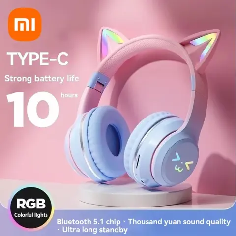 Xiaomi Wireless Bluetooth Cat Ear Headphones with RGB Lights – Stereo Sound, Built-in Mic, Gaming & Music Earphones for Kids & Girls